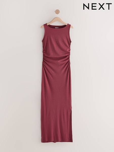 Oxblood Side Seam Ruched Detail Maxi Length Sleeveless Dress (AE0383) | £17