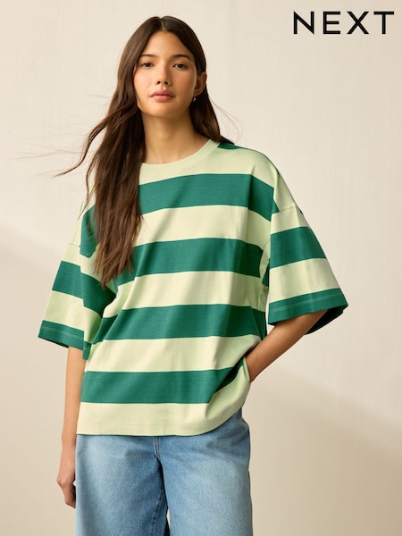 Green Monochrome Oversized Relaxed Fit Boxy Heavyweight Crew Neck T-Shirt (AE0391) | £14