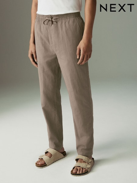 Mushroom Brown Regular Tapered Fit Linen Cotton Elasticated Waist Drawstring Trousers (AE3473) | £30