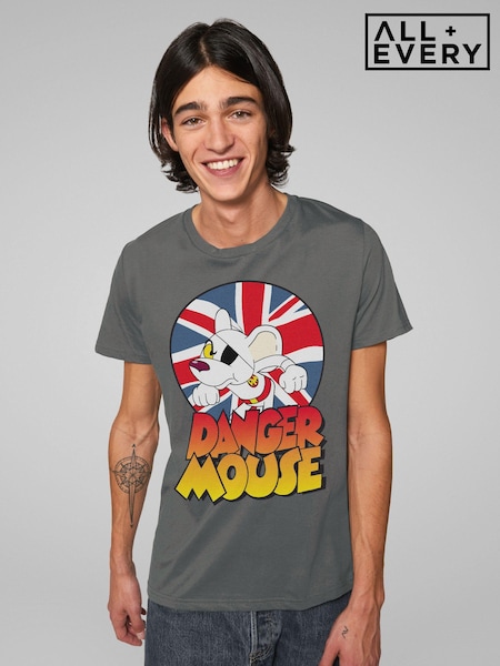 All + Every Grey Danger Mouse Frowning Union Jack Mens 100% Cotton T-Shirt (AE4188) | £25