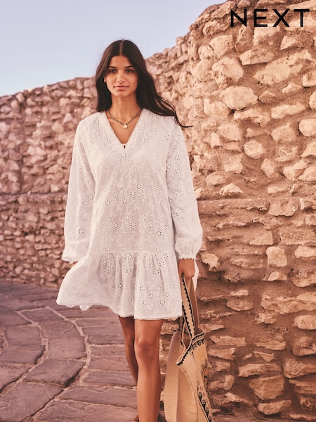 White 3D Cornelli Embelished Long Sleeve Tiered 100% Cotton Mini Dress (AE4213) | £60