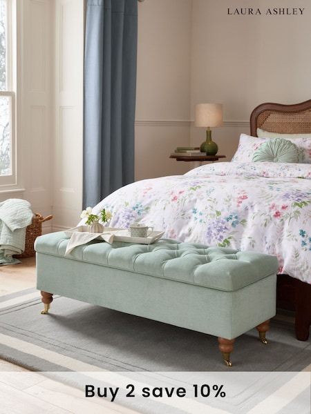 Laura Ashley Baron Chenille Pale Grey Green Ropsley Storage Ottoman Bench (AE5540) | £299