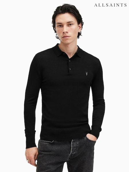 AllSaints Black Mode Merino Longsleeve Polo Shirt (AE5597) | £105
