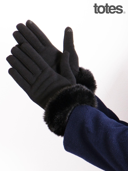Totes Black Isotoner Thermal Smartouch Ladies Gloves with Faux Fur Cuff (AE5937) | £20
