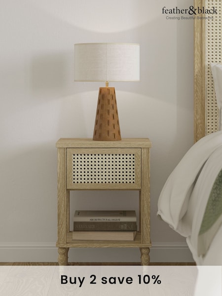 Feather & Black Light Wood Light Vintage Rattan Bedside Table (AE6339) | £300
