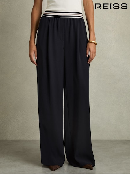 Reiss Navy Abs Petite Stripe-Waistband Wide-Leg Trousers (AE6509) | £150