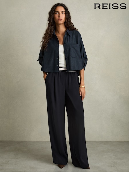 Reiss Navy Abs Stripe-Waistband Wide-Leg Trousers (AE6513) | £150