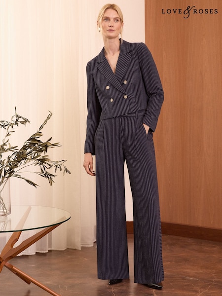 Love & Roses Navy Pinstripe Linen Tailored Wide Leg Trousers (AE6575) | £42