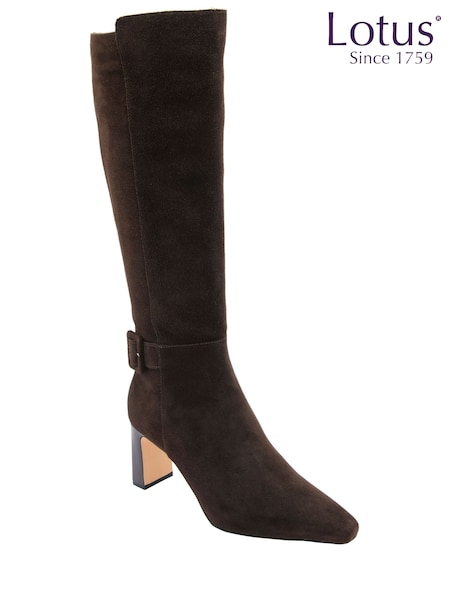 Brown - Lotus Heeled Suede Knee High Boots