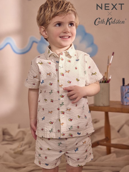 Cream All Over Printed Dog Shirt & Shorts 100% Cotton Set (3mths-7yrs) (AE9187) | £24 - £38