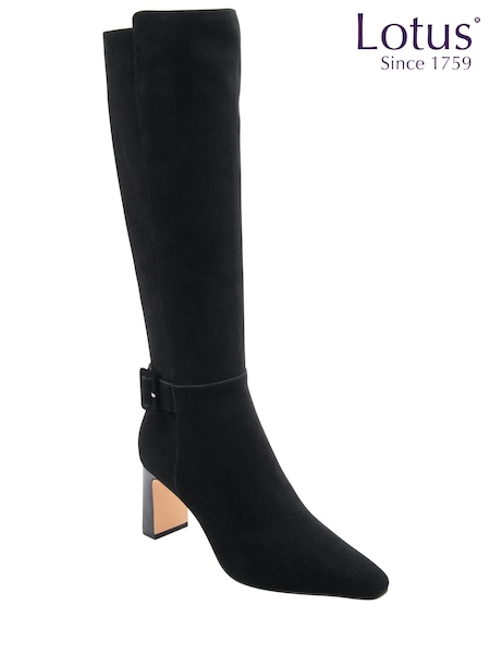 Black - Lotus Heeled Suede Knee High Boots