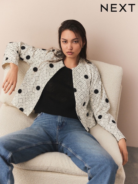 Ecru Floral Embroidered Quilted Cotton Rich Jacket (AF2294) | £65