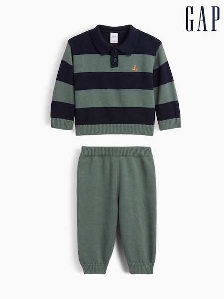 Navy/Green - Gap Stripe Polo Jumper Outfit Set (0-24mths)