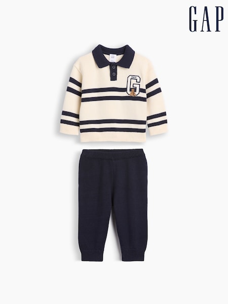 Cream/Navy - Gap Stripe Polo Jumper Outfit Set (0-24mths)