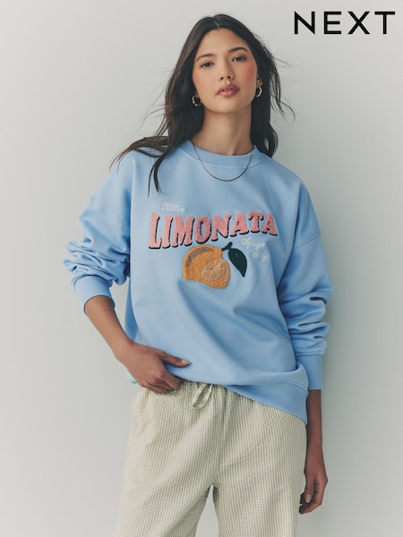 Blue Heavy Boucle/Embroidery Graphic Crew Neck Sweatshirt (AF5800) | £32