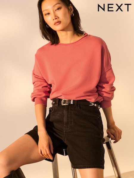 Red Raw Hem Detail Washed 100% Cotton Crew Neck Sweatshirt (AF5814) | £30