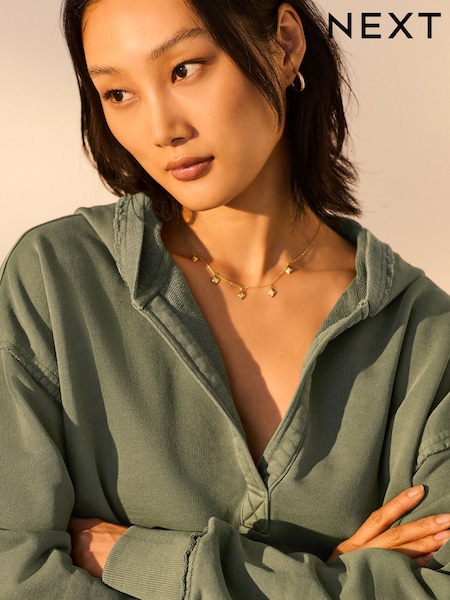 Green Relaxed Fit Washed Cotton V-Neck Hoodie (AF5827) | £36