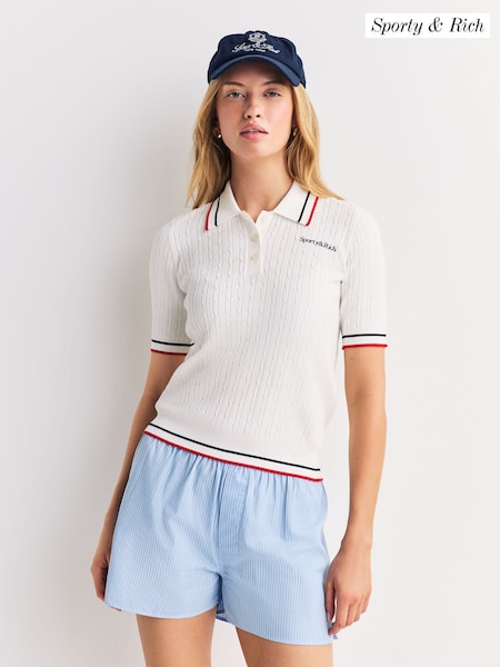 Sporty & Rich White Serif Logo Mini Cable Polo Shirt (AF5870) | £195