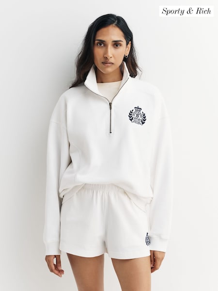 Sporty & Rich White H&W Crest Embroidered Quarter Zip Sweatshirt (AF5876) | £176