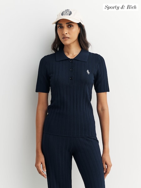 Sporty & Rich Blue SRC Ribbed Polo Shirt (AF5888) | £175
