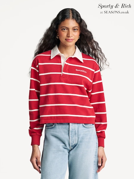 Sporty & Rich Red Serif Logo Cropped Rugby Polo Shirt (AF5897) | £205