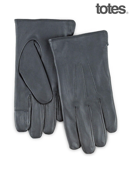 Totes Grey Mens 3 Point Leather Water Repellent Smartouch Gloves (AF5954) | £25