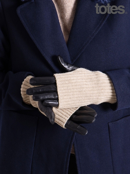Totes Black Ladies Isotoner Leather Gloves with Overlay Knit Trim (AF5955) | £30