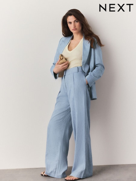 Blue Chambray Elastic Back Wide Leg Trousers with Linen (AF6037) | £35