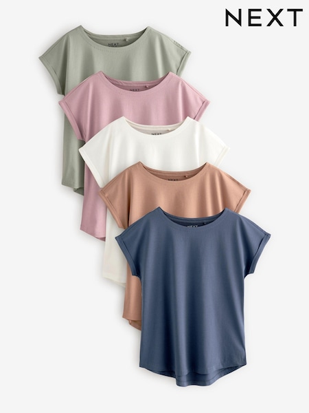 Ecru/Taupe/Brown/Blue/Yellow Cap Sleeve T-Shirts 5 Pack (AF6055) | £35