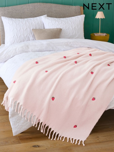 Natural Embroidered Strawberry Throw (AF6059) | £32