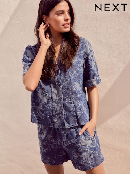 Blue Floral Jacquard 100% Cotton Pullon Lighweight Denim Shorts (AF6087) | £32