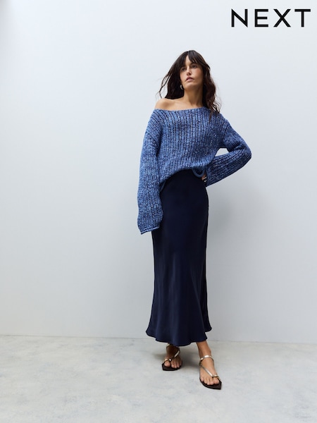 Navy Blue Satin Midi Skirt (AF6673) | £32