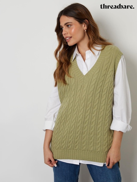 Threadbare Green V-Neck Cable Knit Vest (AF6944) | £22