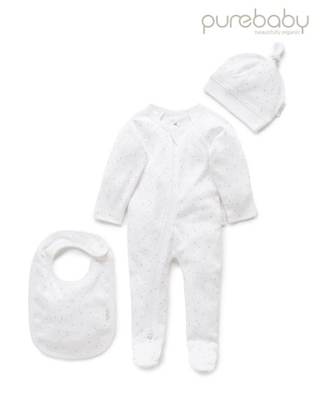 Purebaby White 100% Cotton Baby Hat, Bib & Sleepsuit Set (AF6973) | £25
