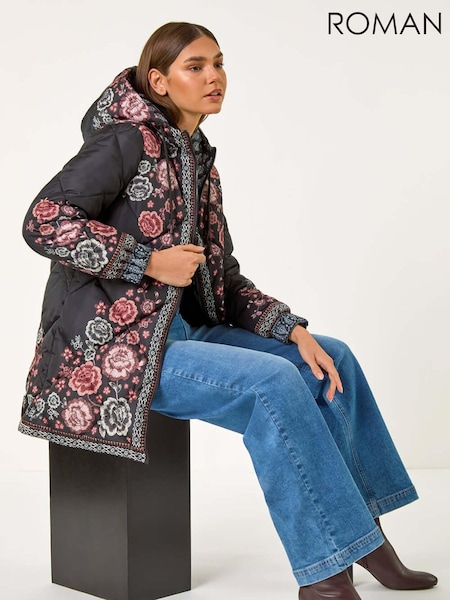 Roman Black Floral Quilted Hooded Coat (AF6978) | £85