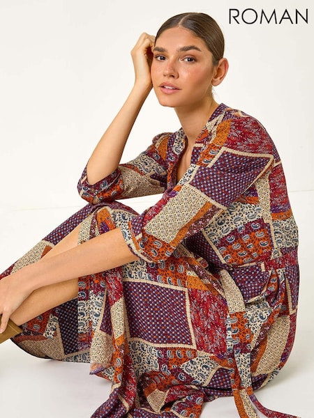 Roman Red Patchwork Midi Shirt Dress (AF6979) | £45