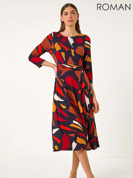 Roman Red Fit & Flare Abstract Stretch Dress (AF7001) | £48