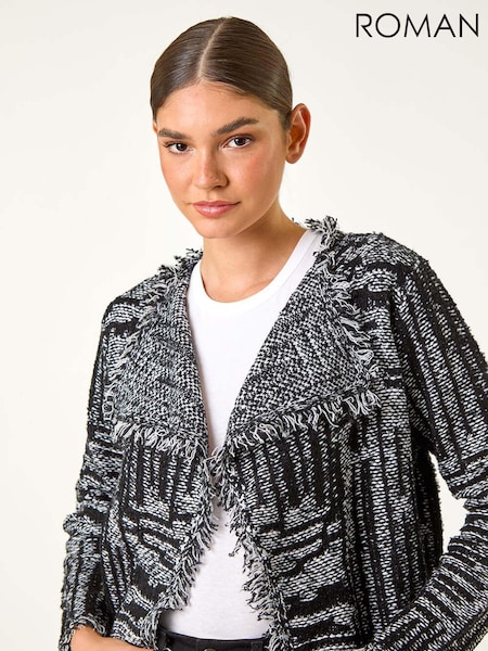 Roman Grey Textured Fringe Collared Cardigan (AF7020) | £40