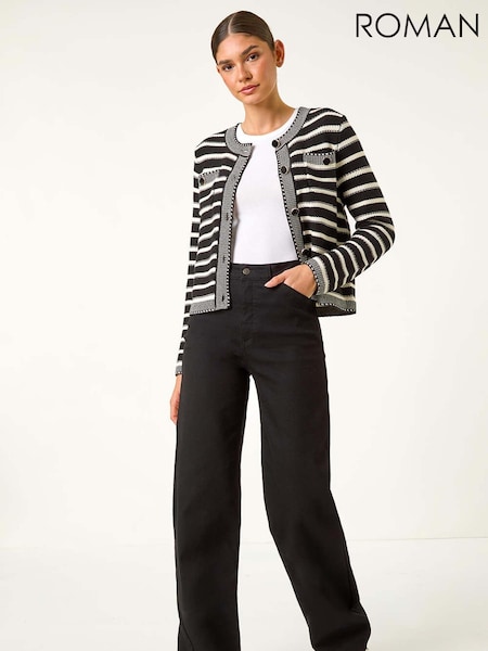 Roman Black Textured Stripe Print Pocket Cardigan (AF7033) | £42