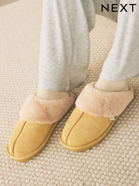 Yellow Suede Faux Fur Lined Mule Slippers (AF7073) | £21