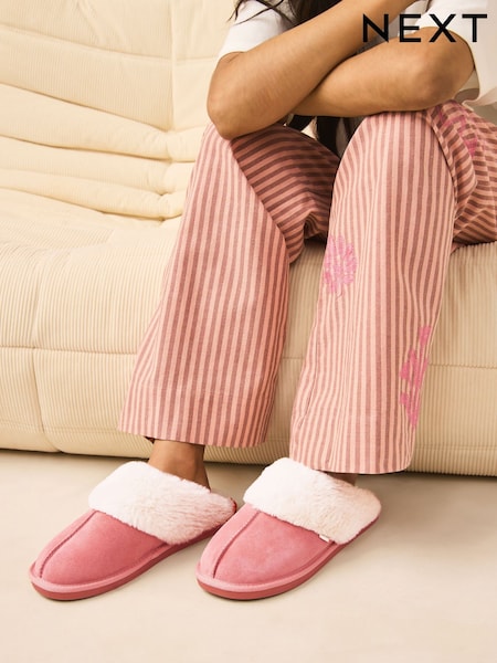 Coral Pink Suede Faux Fur Lined Mule Slippers (AF7075) | £21