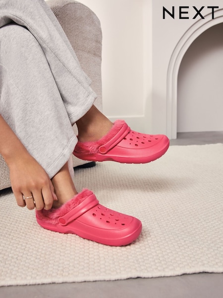 Coral Pink Womens Faux Fur Lined Clogs Slippers (AF7085) | £18