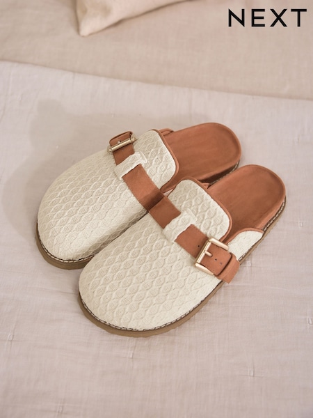 Ecru/Tan Crochet Buckle Mule Slippers (AF7086) | £24