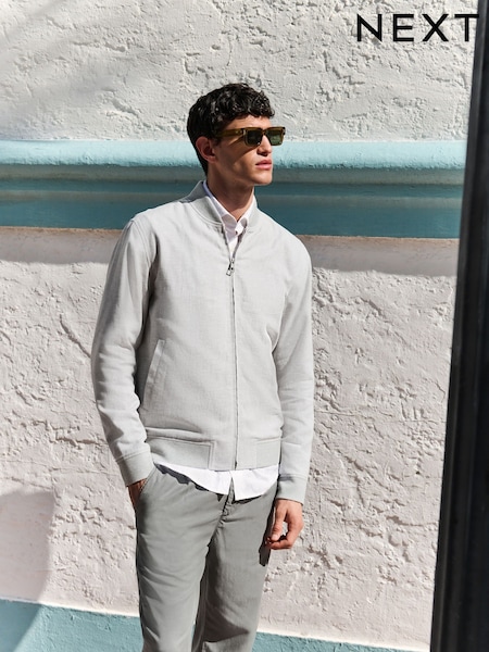 Light Grey Smart Linen Blend Textured Bomber Jacket (AF7214) | £59