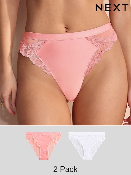 Pink/White High Leg Lace Trim Knickers 2 Pack (AF7280) | £18