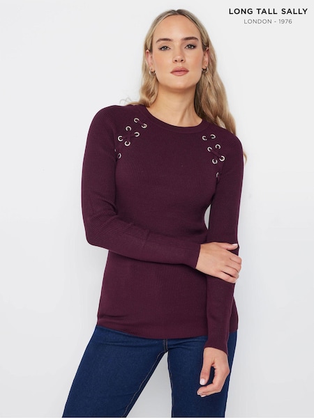 Long Tall Sally Red Ribbed Eyelet Jumper (AF7325) | £33