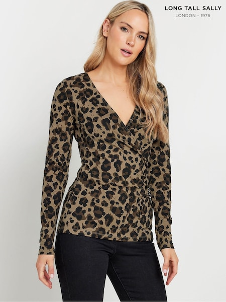 Long Tall Sally Brown Animal Print Cotton Long Sleeve Wrap Top (AF7338) | £23