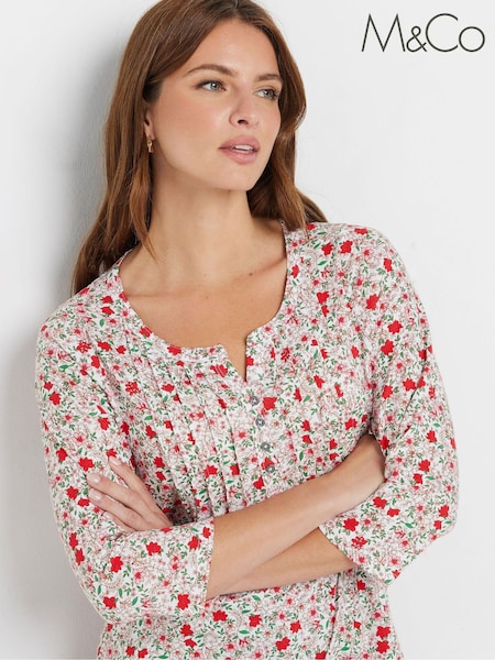 M&Co Pink 3/4 Sleeve 100% Cotton Henley Top (AF7498) | £24