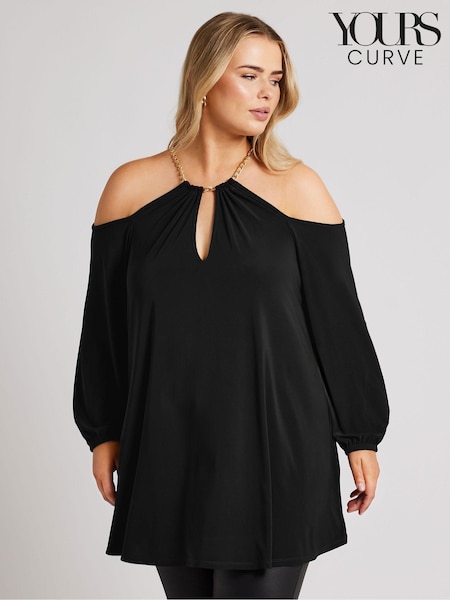 Yours Curve Black London Chain Halter Cold Shoulder Long Sleeve Top (AF7522) | £39