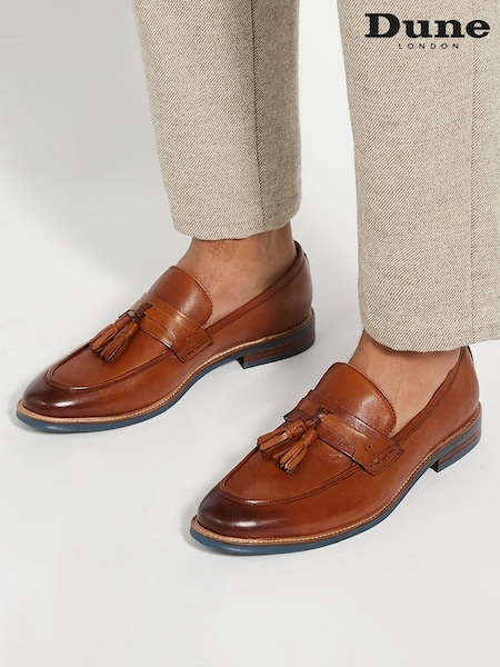 Dune London Brown Chrome Simley Contrast Sole Tassle Loafers (AF7574) | £119